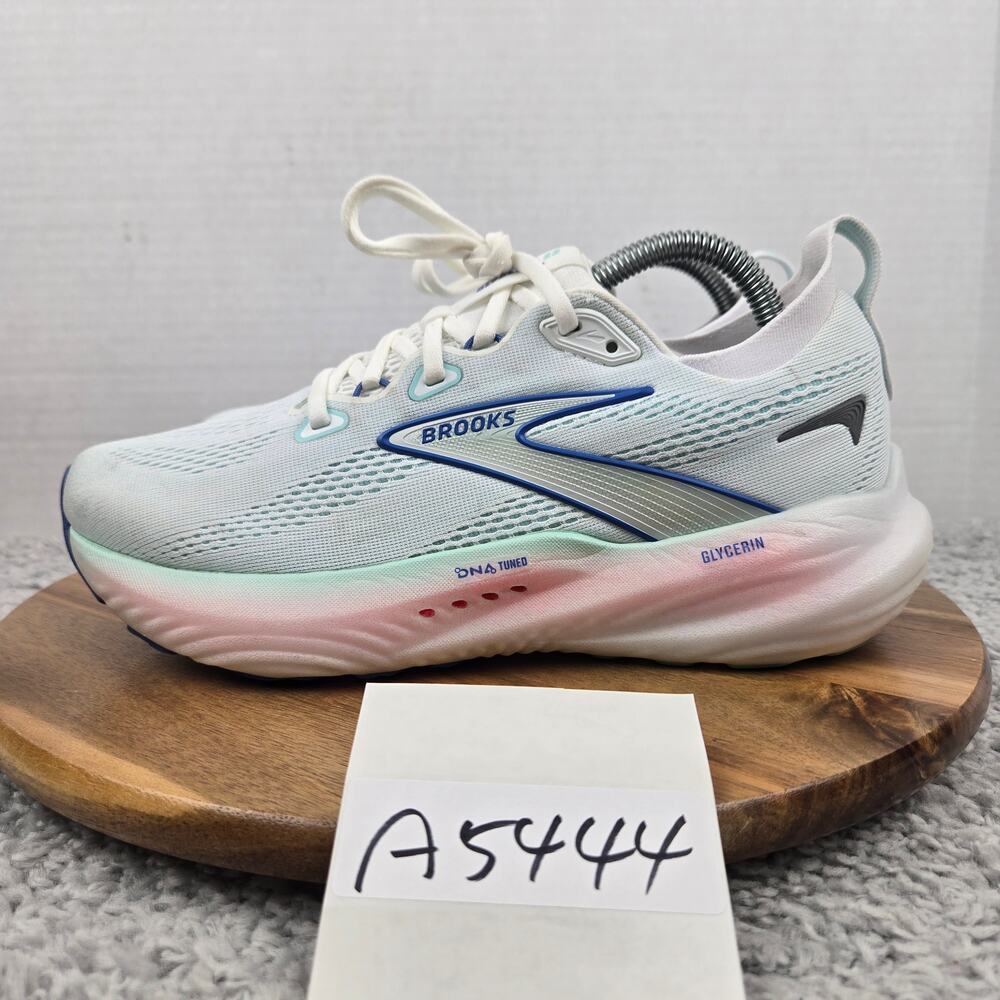 Brooks Womens 8.5B Glycerin 22 White Amparo Blue Athletic Gym Daily Running Shoe